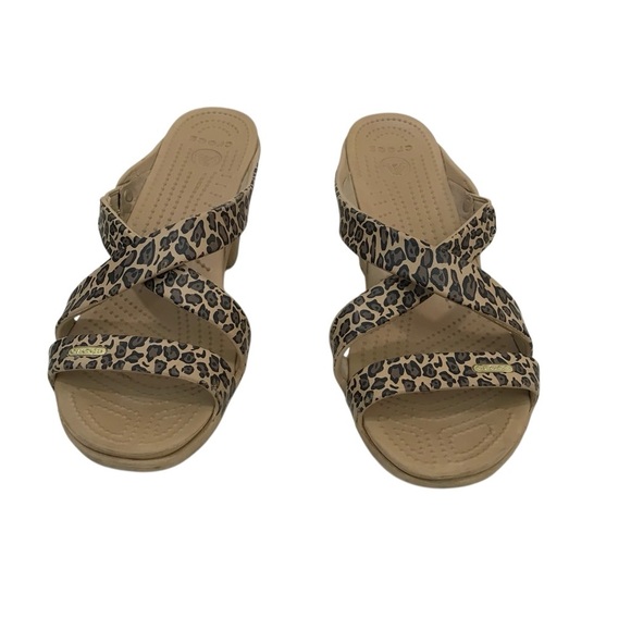 CROCS Brown and Tan Animal Print Cyprus IV Strappy Heels - Picture 1 of 6